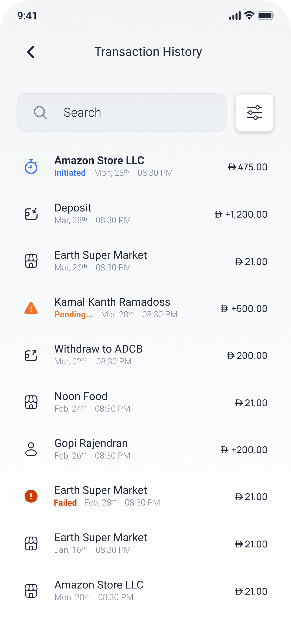 Transaction history with multiple statuses
